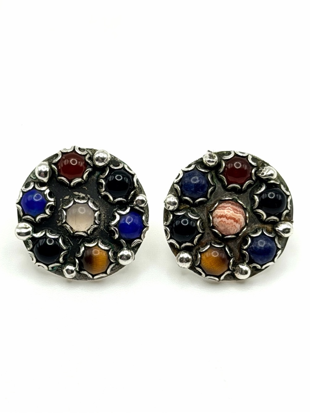 Vintage Taxco Mexico 925 Sterling Silver Multigemstone Stud Post Earrings 3/4”